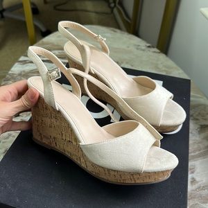 Creamy beige cork wedges with suede ankle strap